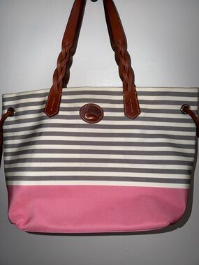 Dooney & Bourke Pink and Gray Striped Canvas Tote with Brown Leather Handles